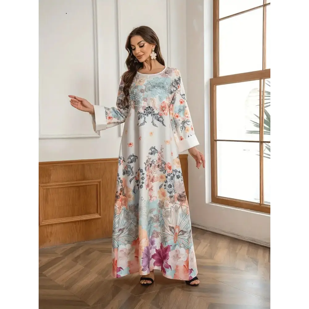 Elegant Floral Print Long Kaftan Dress - 4