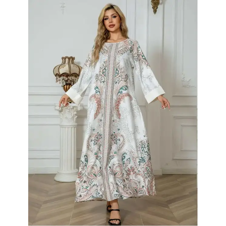 Elegant Floral Print Long Sleeve Abaya Dress - 4