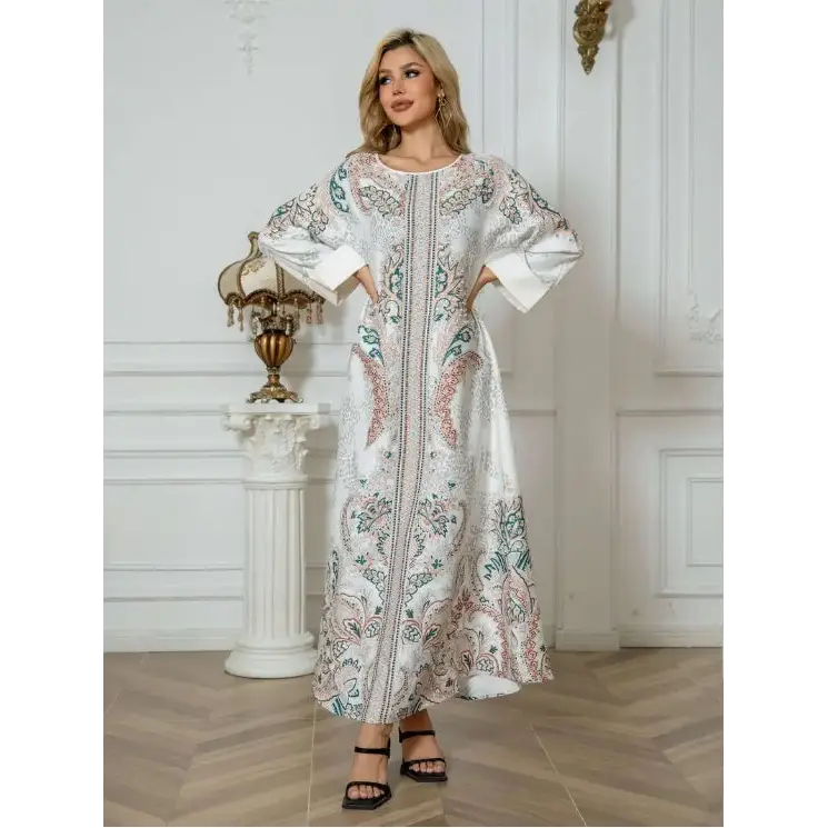 Elegant Floral Print Long Sleeve Abaya Dress - 4