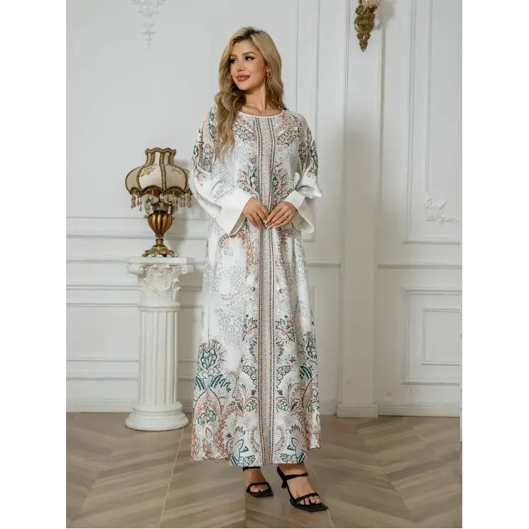 Elegant Floral Print Long Sleeve Abaya Dress - 4