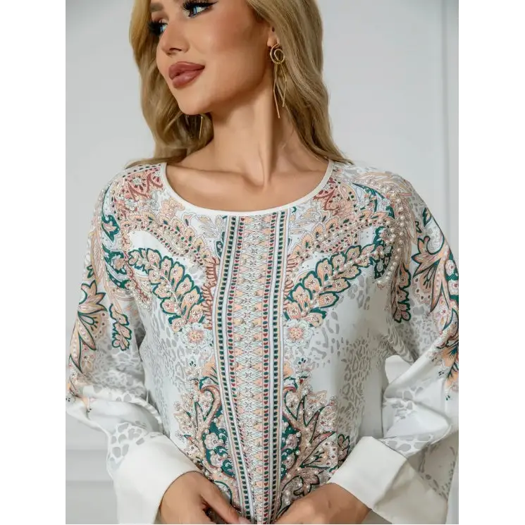 Elegant Floral Print Long Sleeve Abaya Dress - 4