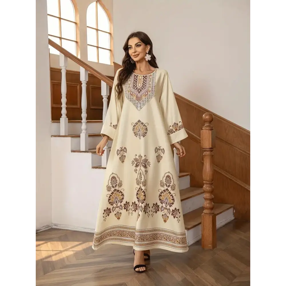 Elegant Floral Printed Abaya Middle Eastern Muslim Clothing For Women - Apricot / S - 4