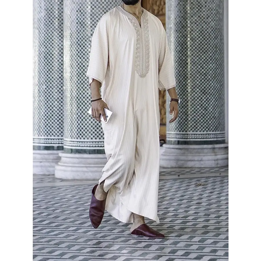 Ethnic Style Loose Casual Embroidery White Muslim Robe