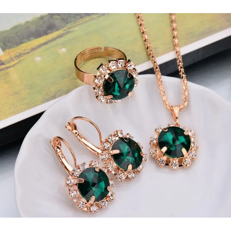 Europe and America fashion round crystal necklace earrings ring set hot jewelry jewelry wholesale jewelry wholesale