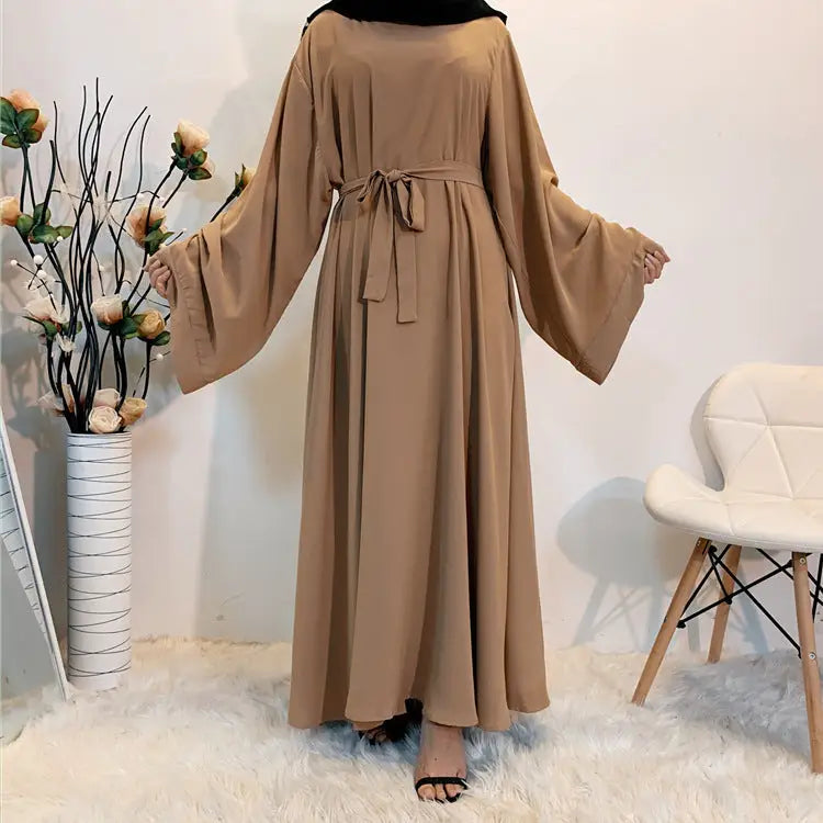 F889 Foreign Trade Cross-border Muslim Women’s Long Skirt Abaya Dubai Middle East Jalabiya Pure Color Robe - Brown / S