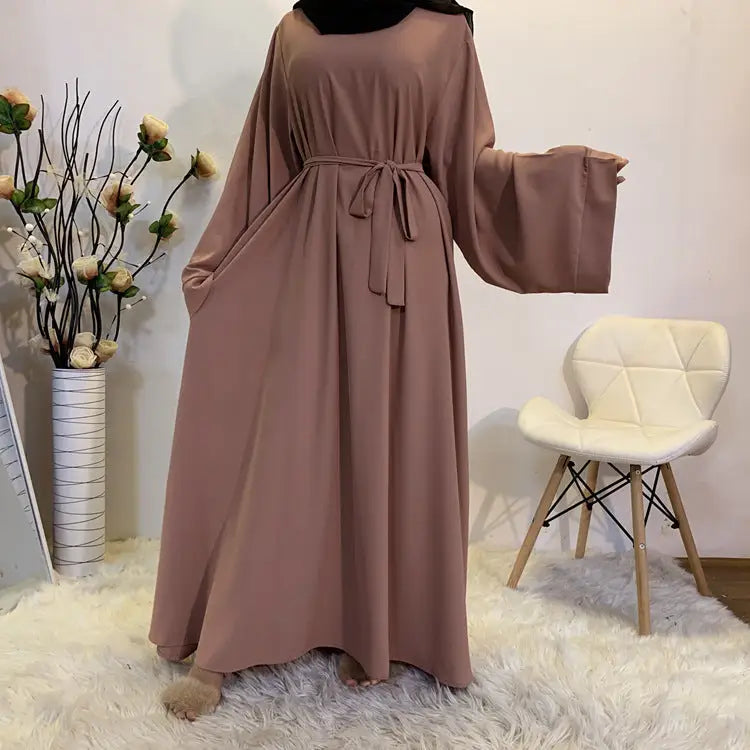 F889 Foreign Trade Cross-border Muslim Women’s Long Skirt Abaya Dubai Middle East Jalabiya Pure Color Robe - Pink / S