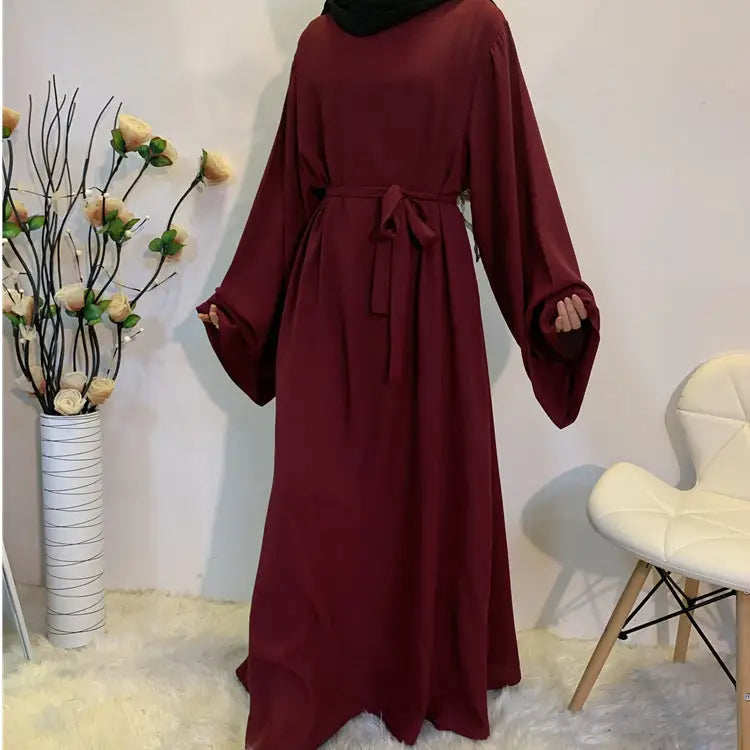 F889 Foreign Trade Cross-border Muslim Women’s Long Skirt Abaya Dubai Middle East Jalabiya Pure Color Robe - Dark red