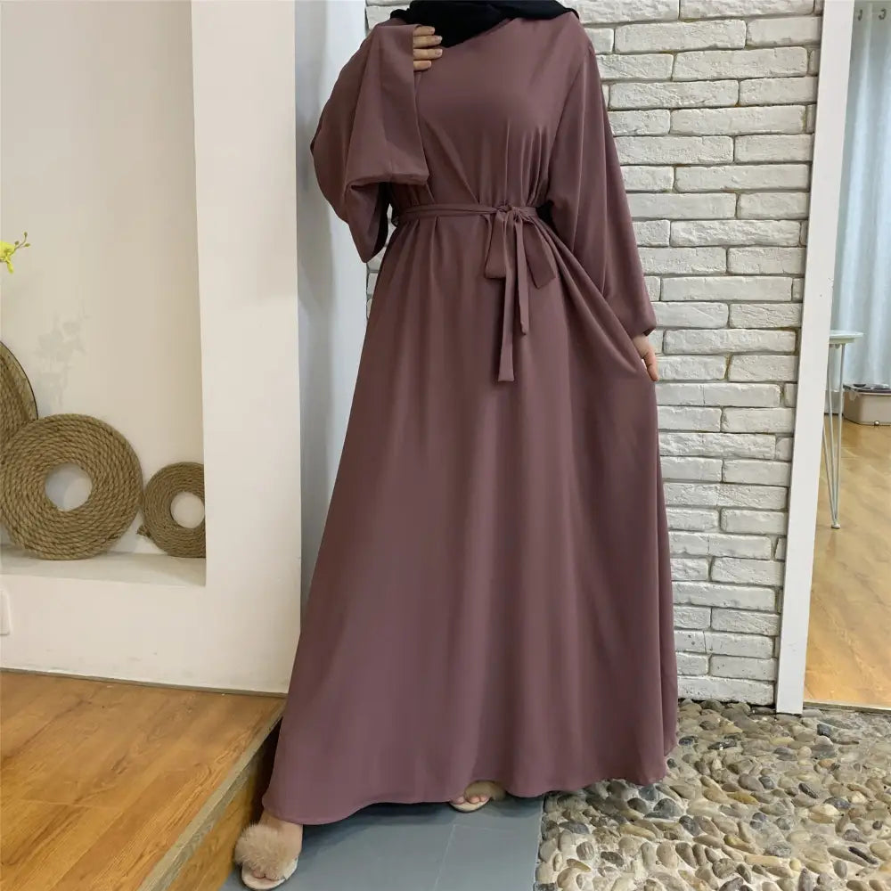 F889 Foreign Trade Cross-border Muslim Women’s Long Skirt Abaya Dubai Middle East Jalabiya Pure Color Robe - Purple / S