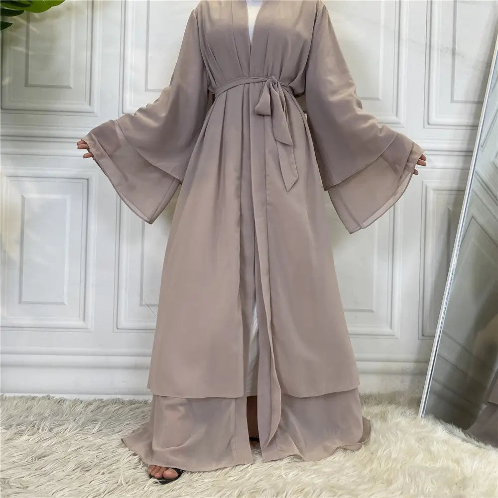 Fashionable Muslim Cardigan Chiffon Robe - Apricot / S