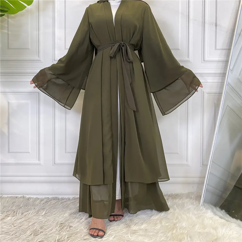 Fashionable Muslim Cardigan Chiffon Robe - Army Green / S