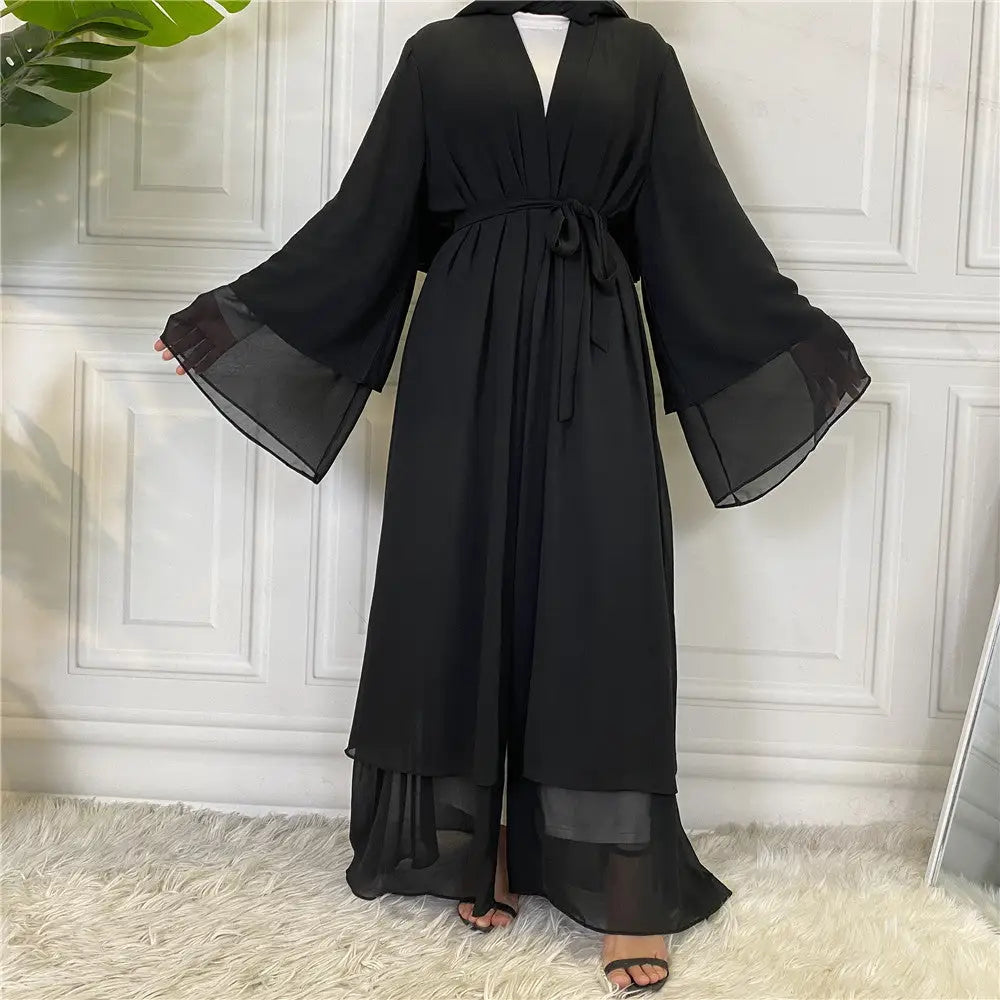 Fashionable Muslim Cardigan Chiffon Robe - Black / S