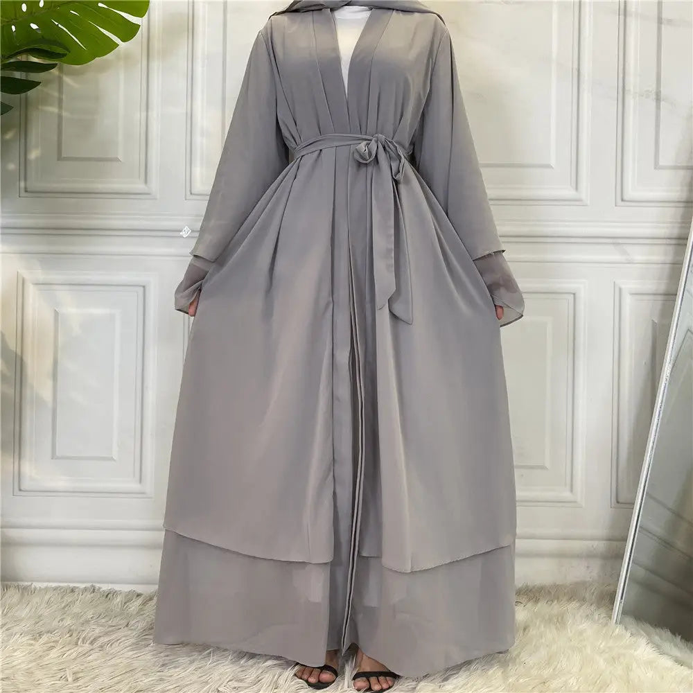 Fashionable Muslim Cardigan Chiffon Robe - Grey / S