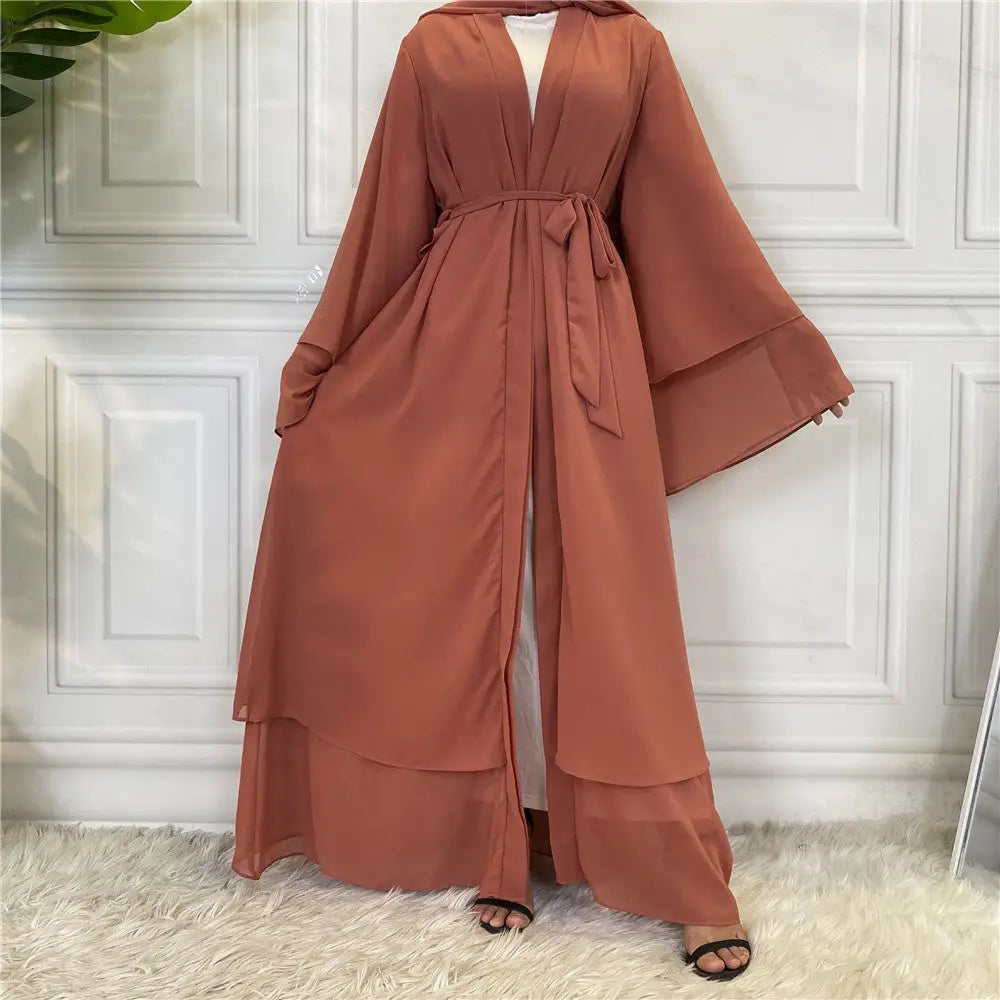 Fashionable Muslim Cardigan Chiffon Robe - Leather powder / S