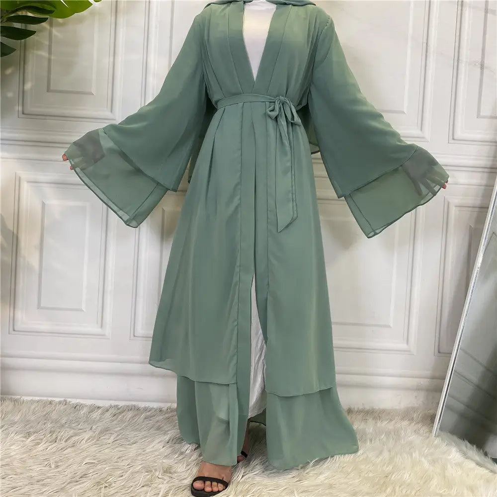 Fashionable Muslim Cardigan Chiffon Robe - Light Green / S