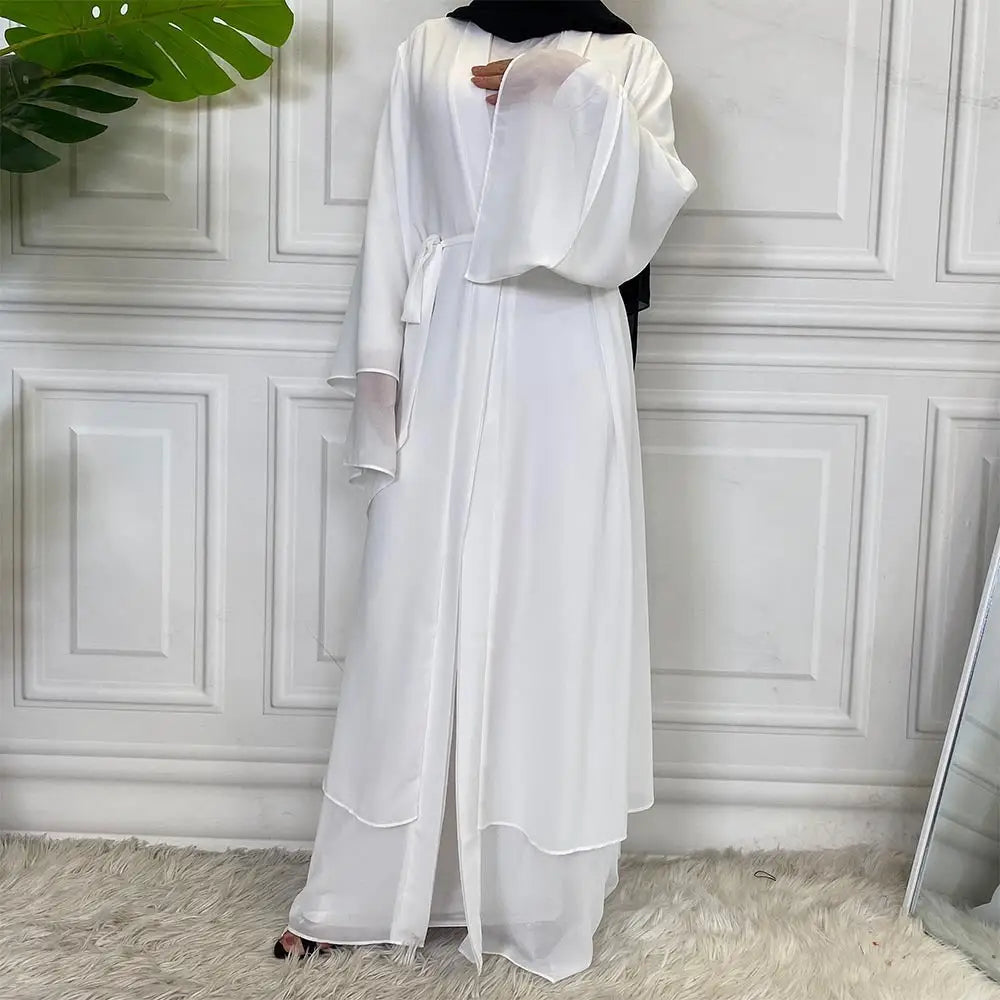 Fashionable Muslim Cardigan Chiffon Robe - White / S