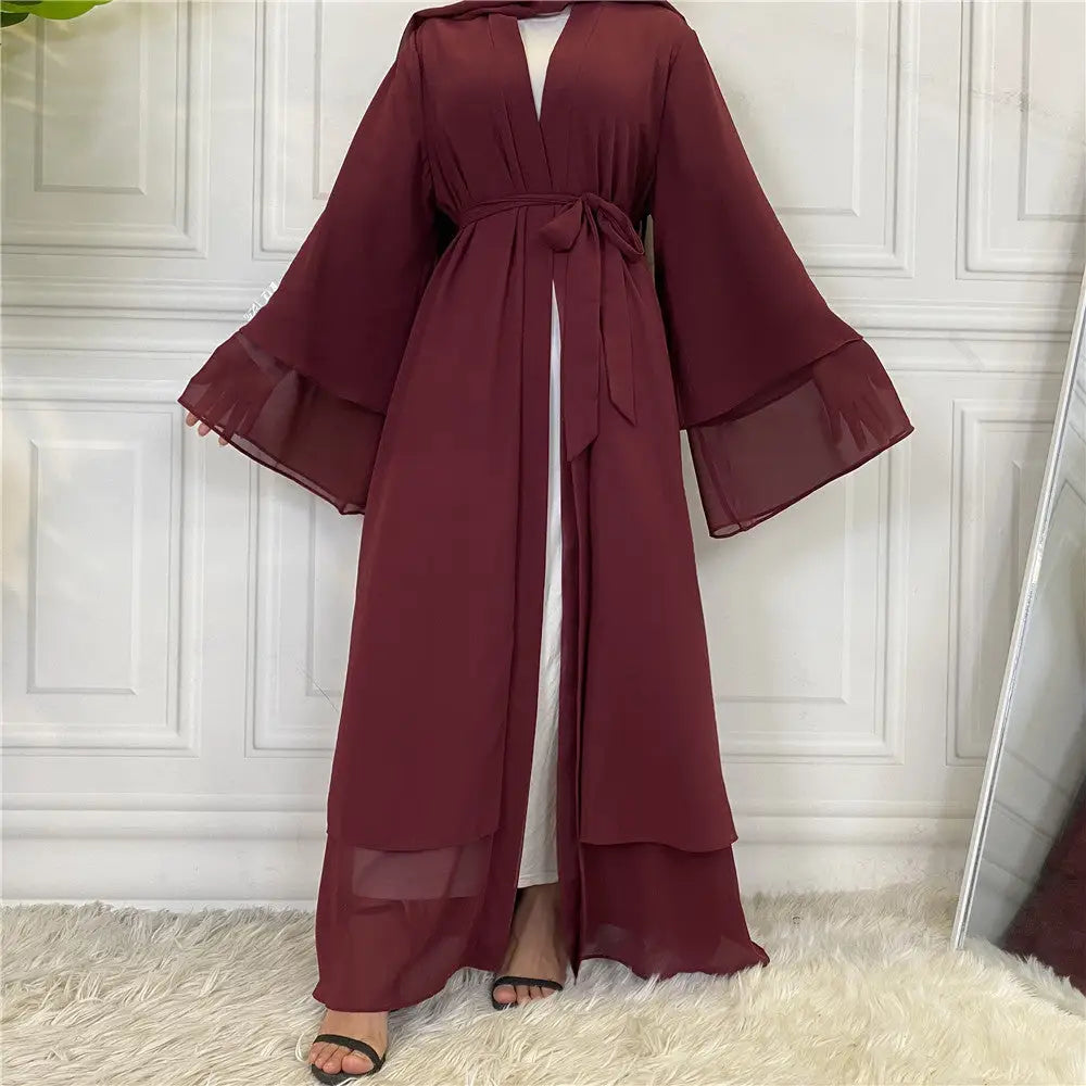 Fashionable Muslim Cardigan Chiffon Robe - Wine Red / S
