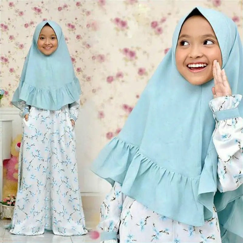 Girls Arab Clothing Spring And Autumn Models Long-Sleeved Floral Muslim Long Dress And Turban Two-Piece Suit