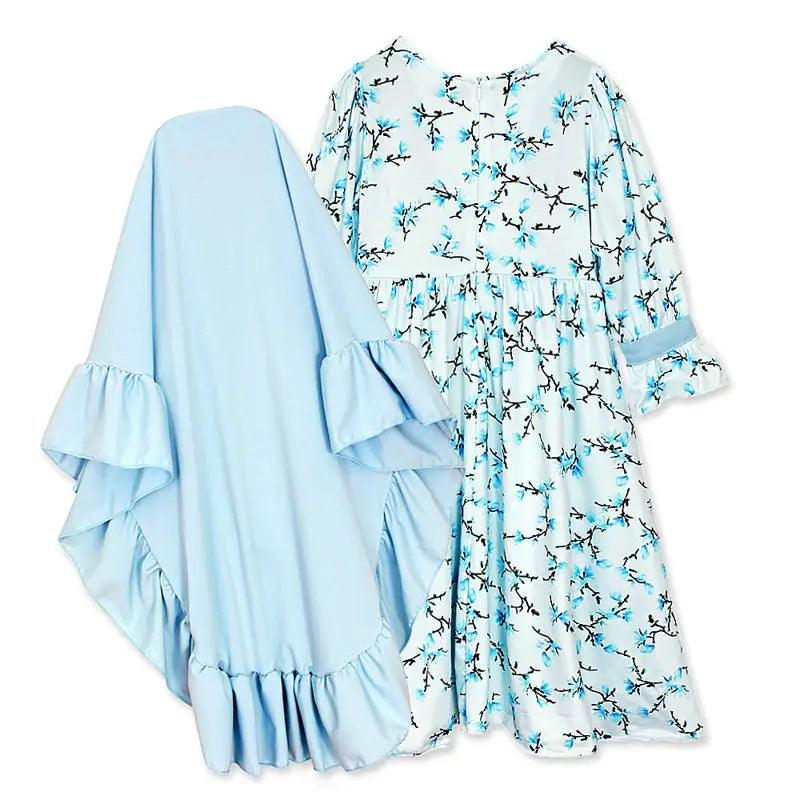Girls Arab Clothing Spring And Autumn Models Long-Sleeved Floral Muslim Long Dress And Turban Two-Piece Suit