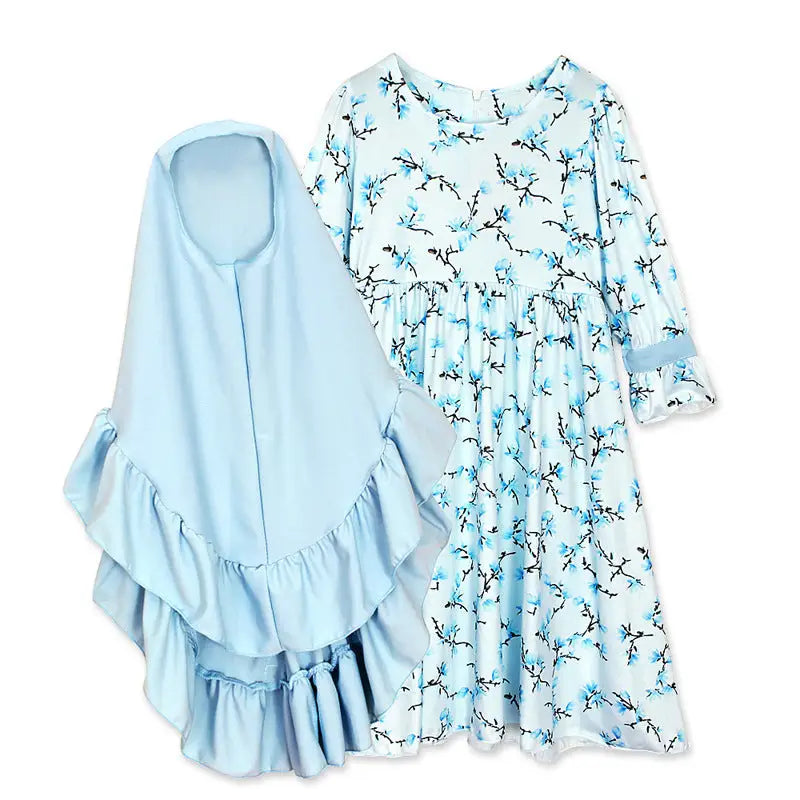 Girls Arab Clothing Spring And Autumn Models Long-Sleeved Floral Muslim Long Dress And Turban Two-Piece Suit - Blue / 90