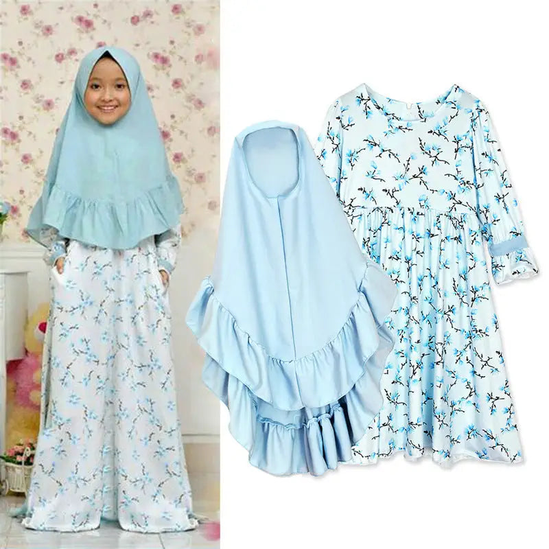 Girls Arab Clothing Spring And Autumn Models Long-Sleeved Floral Muslim Long Dress And Turban Two-Piece Suit