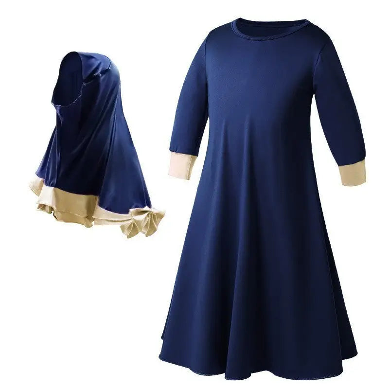 Girls Long Sleeve Color Matching Ruffle Lace Dress Bow Knot Turban - Blue / 100yards