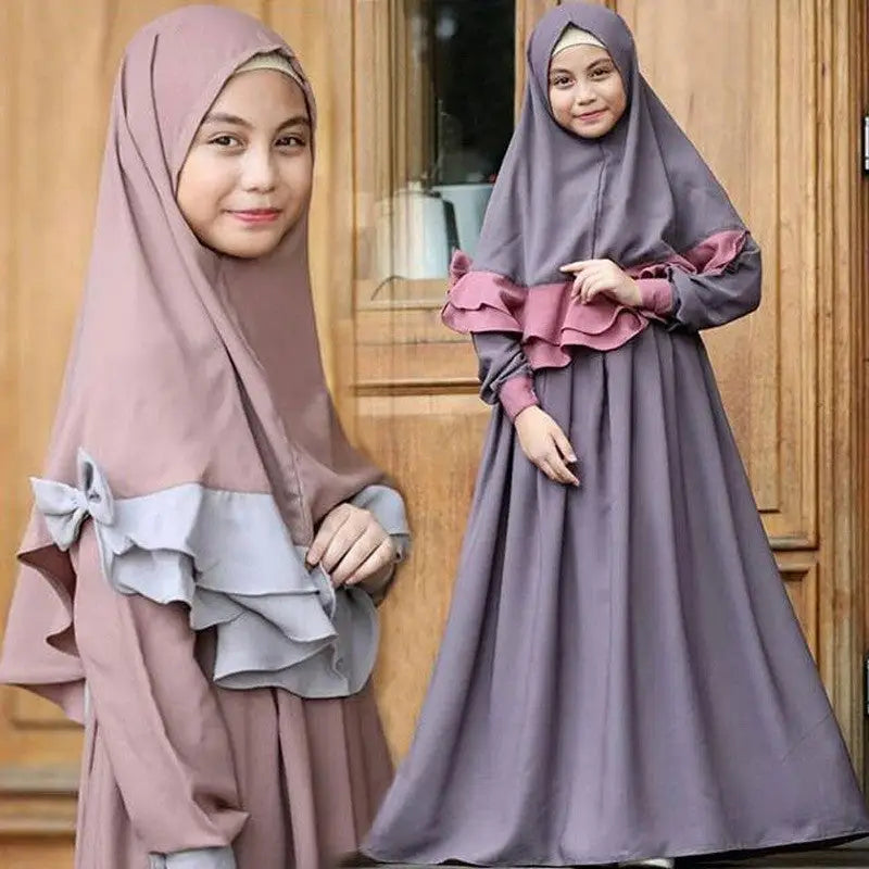 Girls Long Sleeve Color Matching Ruffle Lace Dress Bow Knot Turban