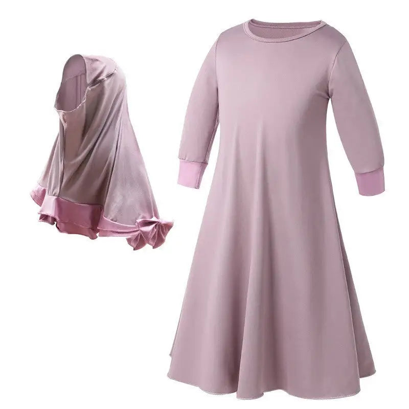 Girls Long Sleeve Color Matching Ruffle Lace Dress Bow Knot Turban - Purple / 100yards