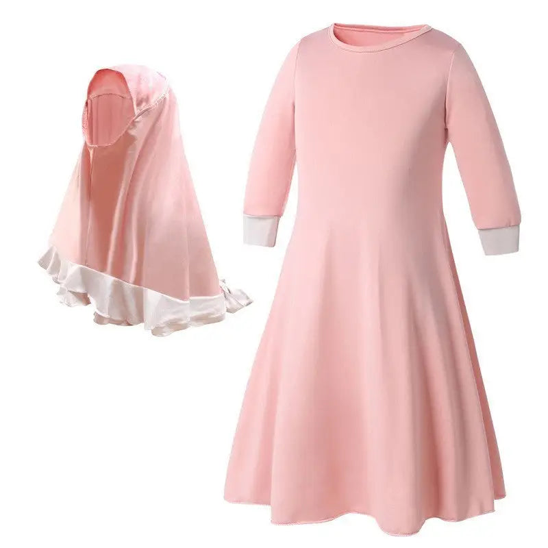 Girls Long Sleeve Color Matching Ruffle Lace Dress Bow Knot Turban - Pink / 100yards