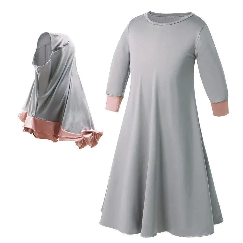 Girls Long Sleeve Color Matching Ruffle Lace Dress Bow Knot Turban - Grey / 100yards