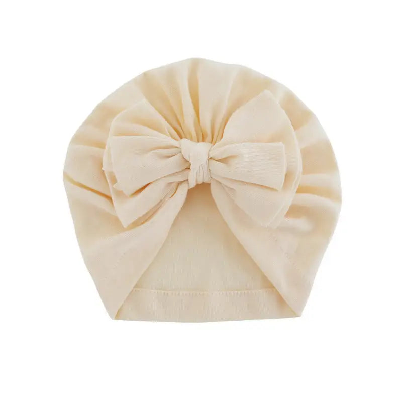 Hooded Hat with Bowknot Wrapped Turban Solid Color Hat - Beige