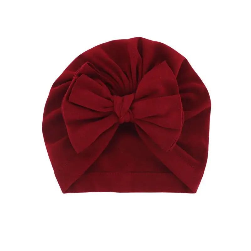 Hooded Hat with Bowknot Wrapped Turban Solid Color Hat - Red wine