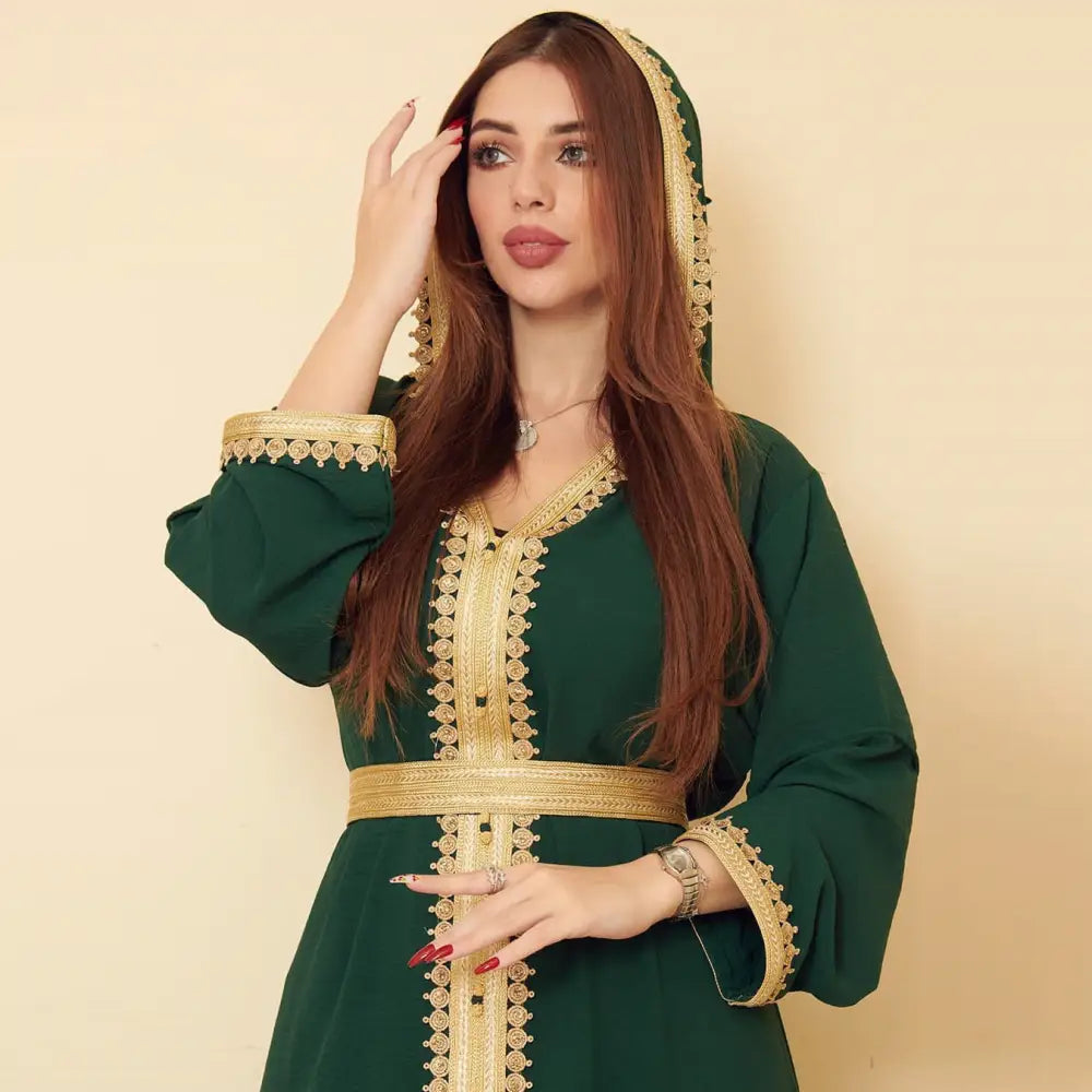 Linen Green Muslim Saudi Arabian Hooded Women’s Swing Dress
