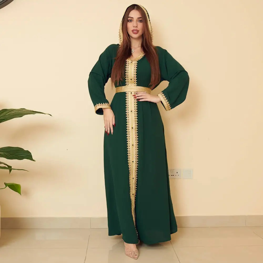 Linen Green Muslim Saudi Arabian Hooded Women’s Swing Dress