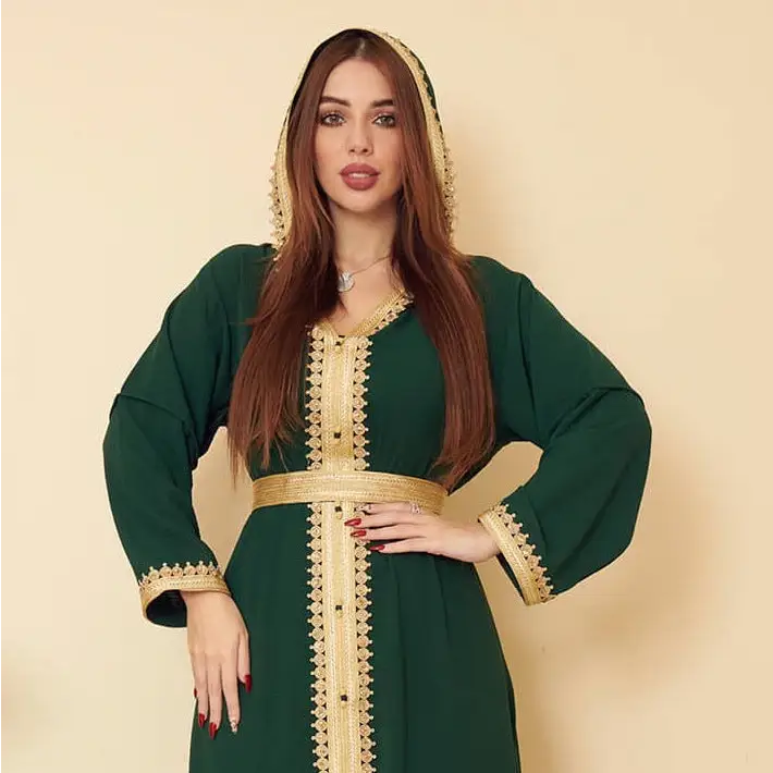 Linen Green Muslim Saudi Arabian Hooded Women’s Swing Dress