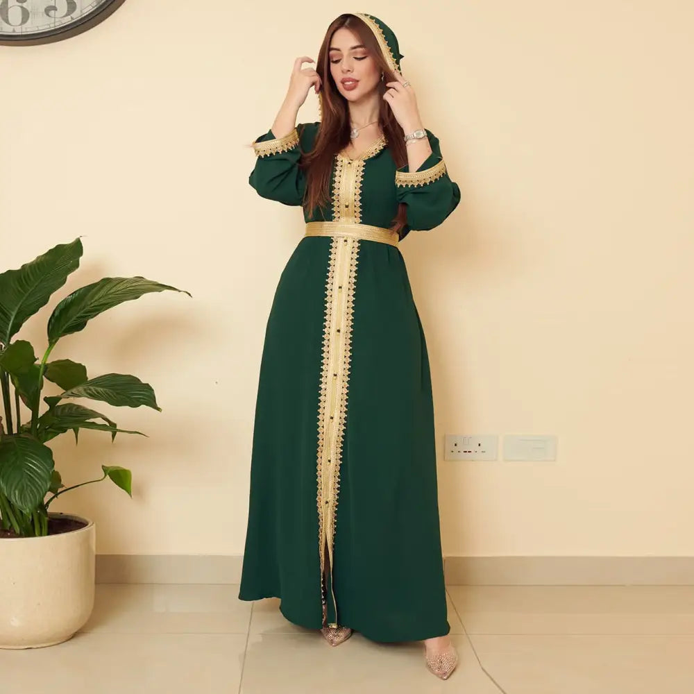 Linen Green Muslim Saudi Arabian Hooded Women’s Swing Dress