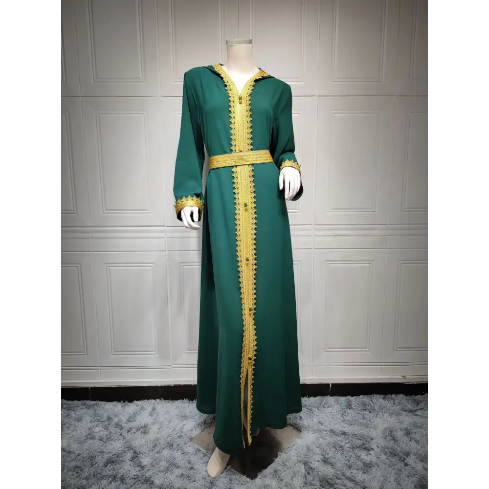 Linen Green Muslim Saudi Arabian Hooded Women’s Swing Dress - Green / S