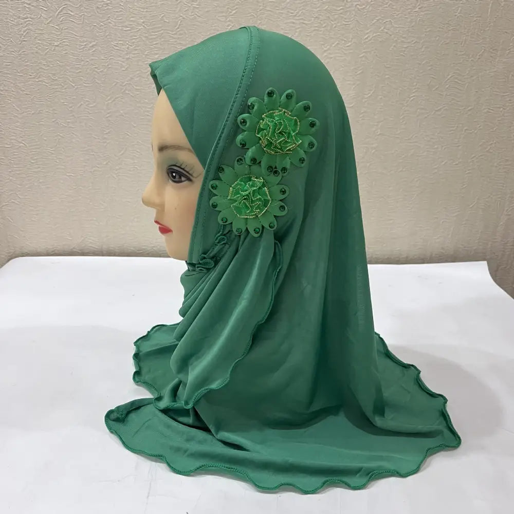 Little Girl Turban Hat Two Flowers Veil - Green