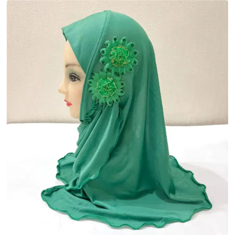 Little Girl Turban Hat Two Flowers Veil - Green1