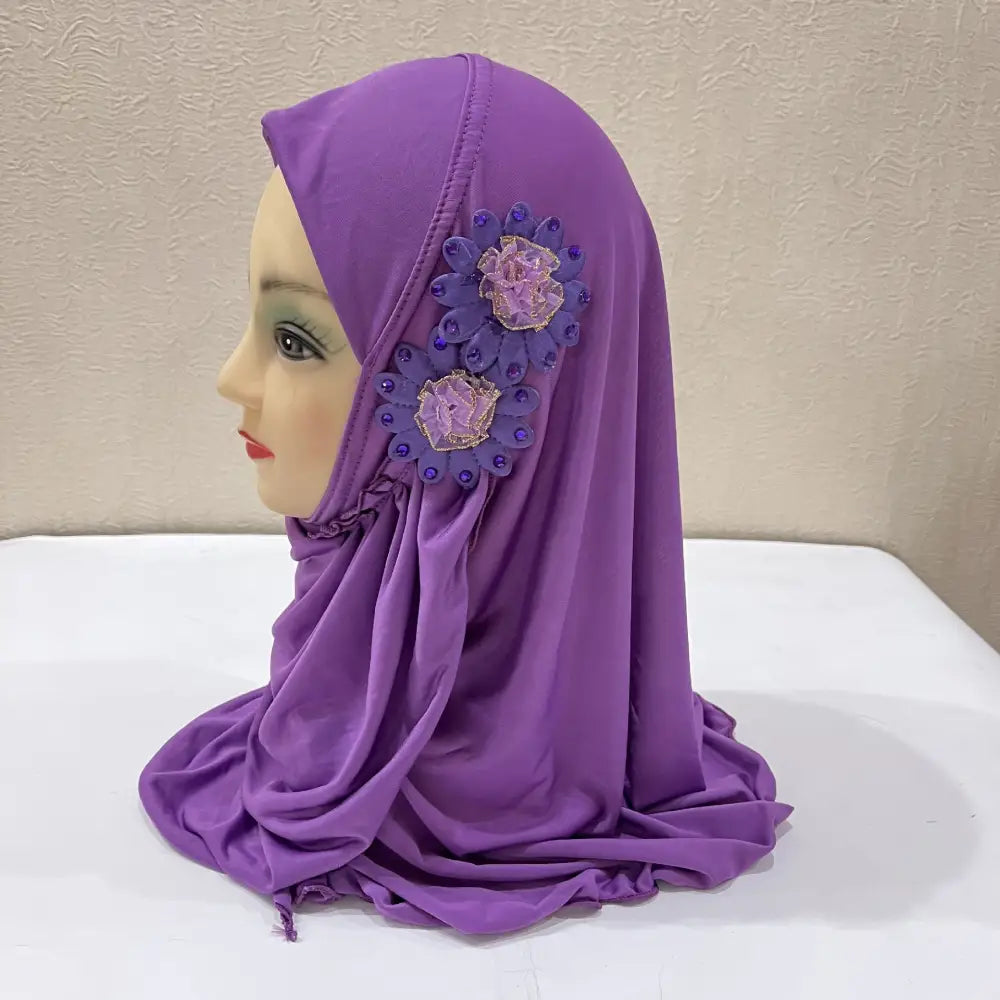 Little Girl Turban Hat Two Flowers Veil - Light Purple