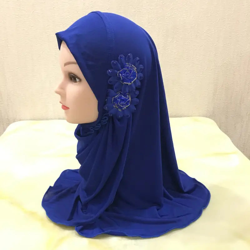 Little Girl Turban Hat Two Flowers Veil - Sapphire Blue