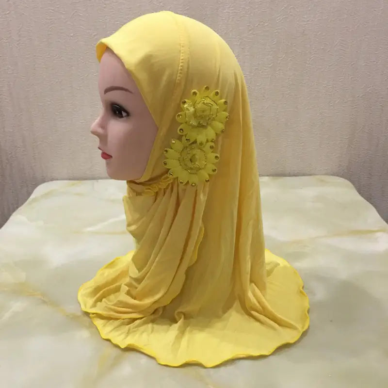 Little Girl Turban Hat Two Flowers Veil - Yellow