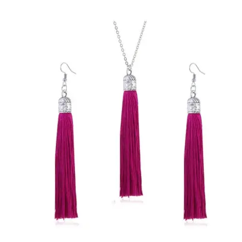 LZHLQ Fashion Tassel Necklace Sets Trendy Women Sweater Chain Necklaces Accessories Set - rose red