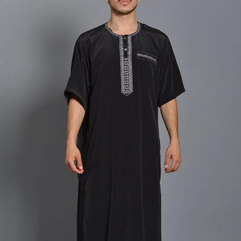 Medium Long Sleeve New Embroidery Men’s Muslim Robe Arabic Robe - Black / S
