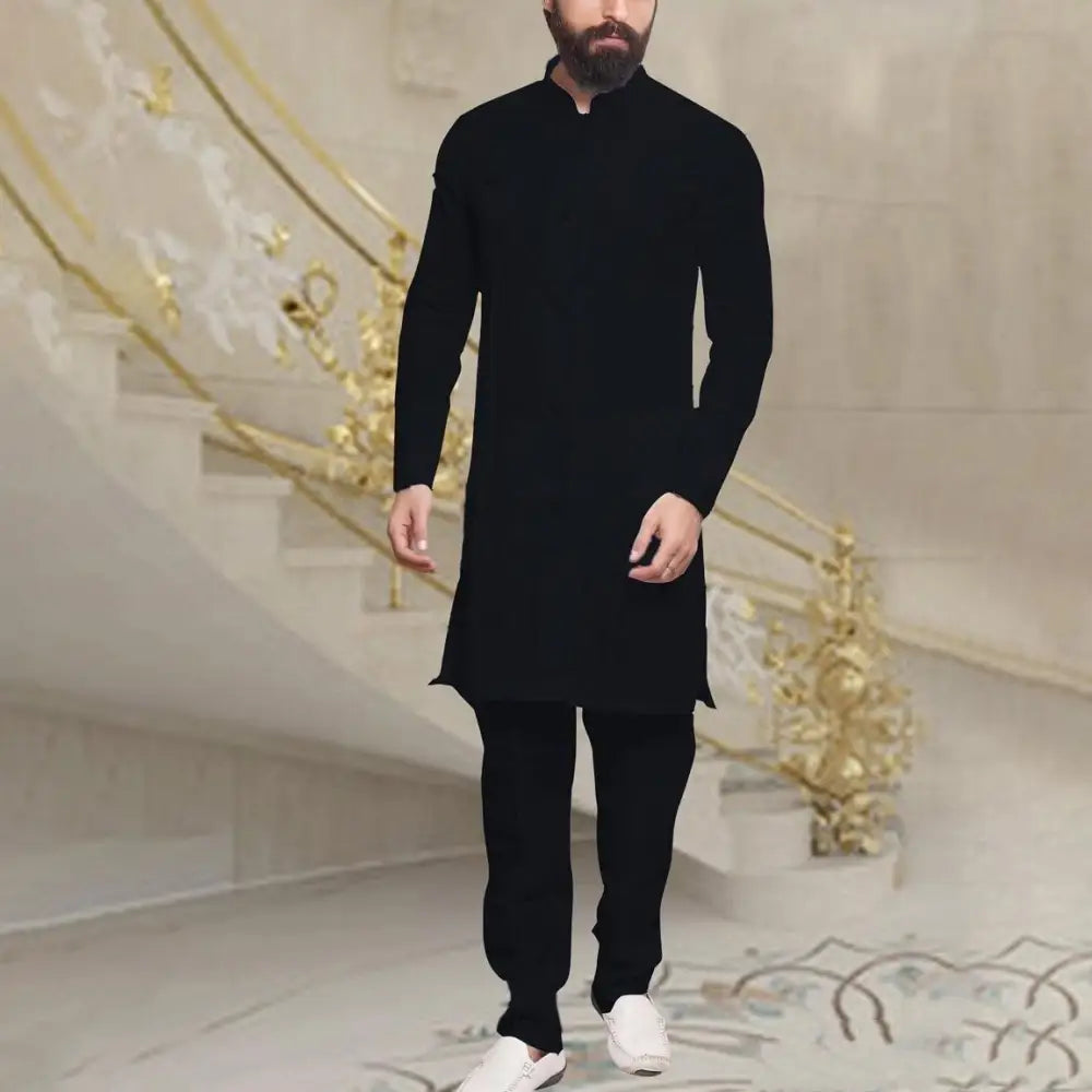 Men Muslim Middle Eastern Long Shirt Linen Button - Black / S