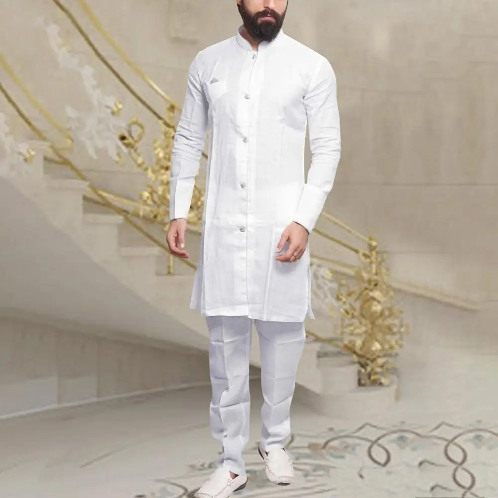 Men Muslim Middle Eastern Long Shirt Linen Button - White / S