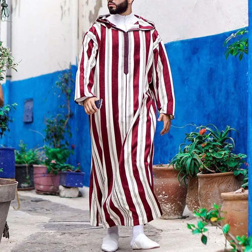 Men’s Color Blocking Striped Long Muslim Robe Hoodie
