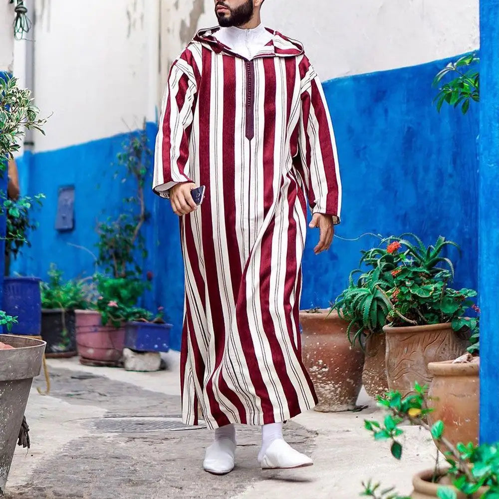Men’s Color Blocking Striped Long Muslim Robe Hoodie