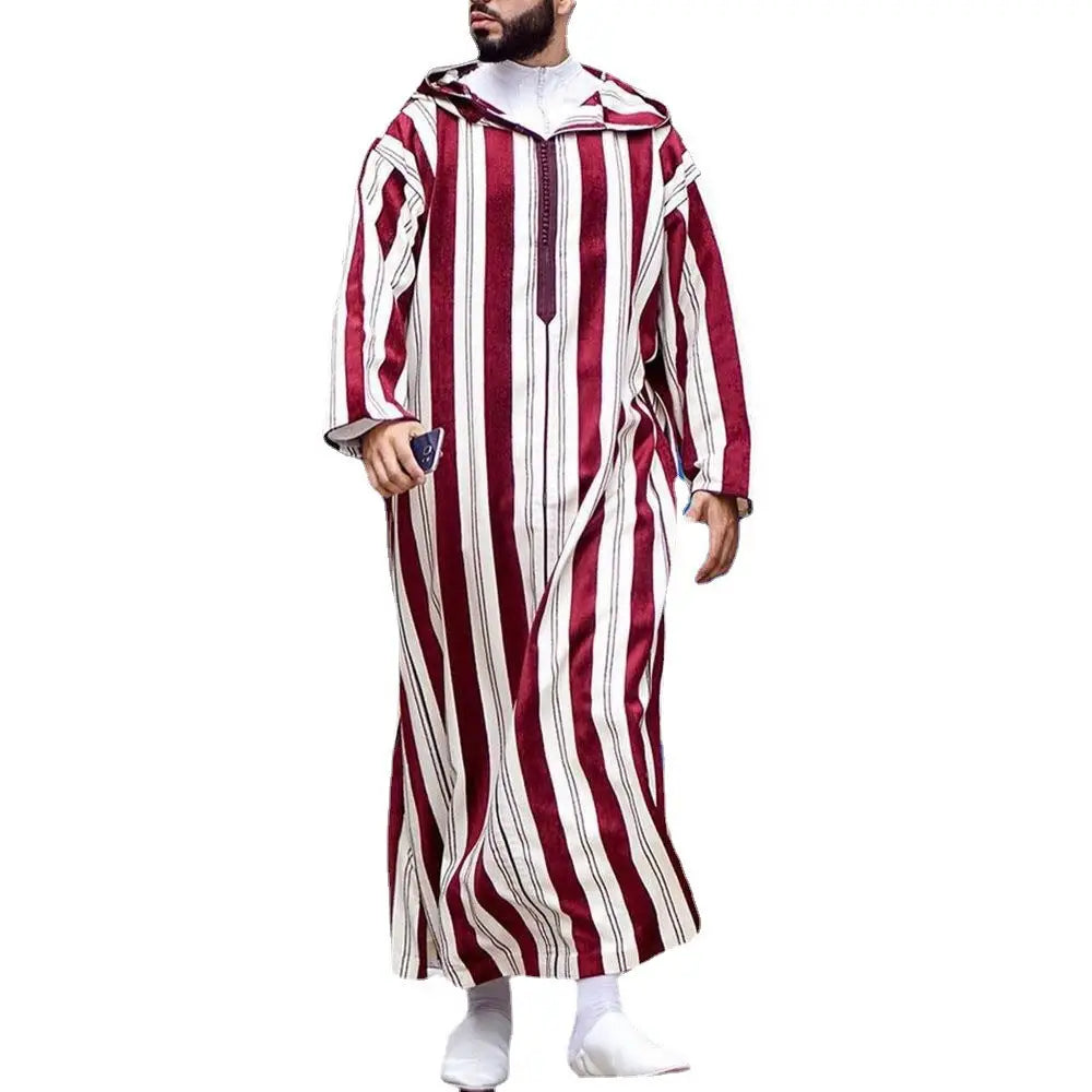 Men’s Color Blocking Striped Long Muslim Robe Hoodie - Red White / M