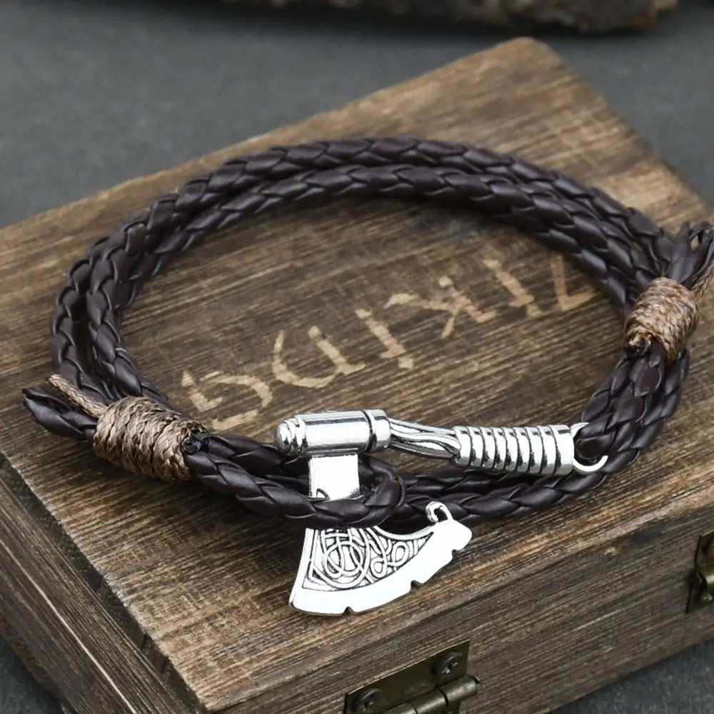 Men’s Jewelery Ax Wrap Anchor Viking Leather Bracelet