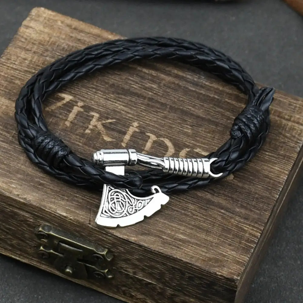 Men’s Jewelery Ax Wrap Anchor Viking Leather Bracelet - Black Chain Silver